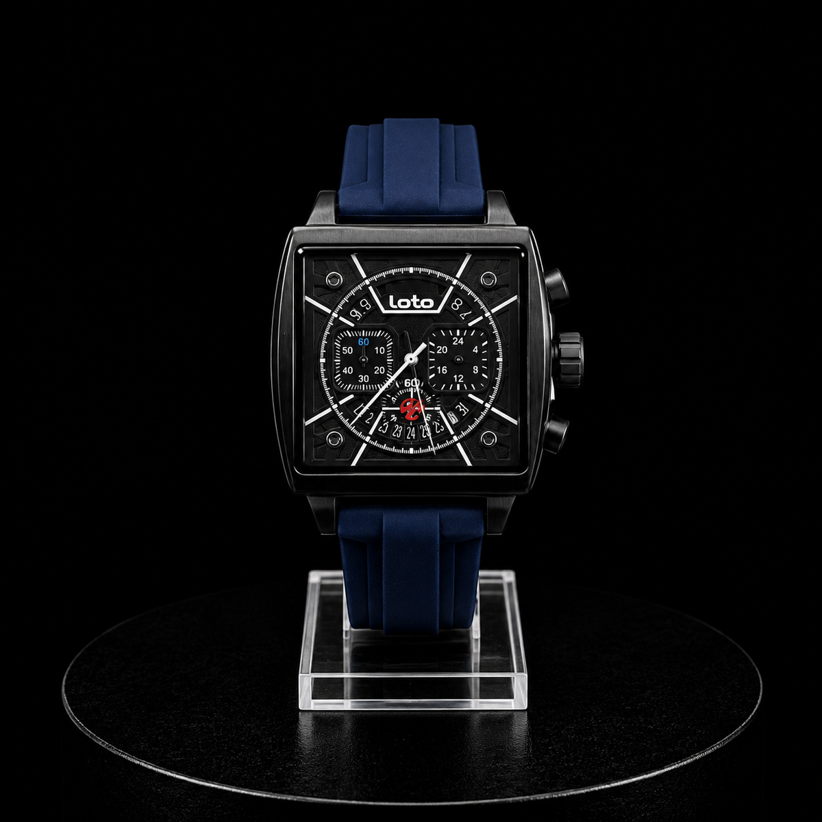 Reloj Loto Azul con Caja Rectangular Negra y Diseño Multifunción