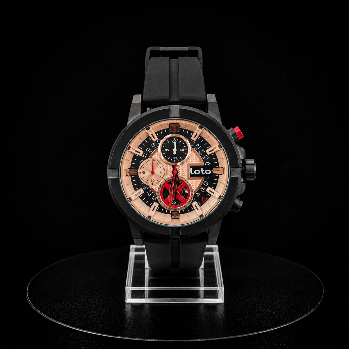 Reloj Loto Cronógrafo Negro con Esfera Rose Gold y Detalles Rojos
