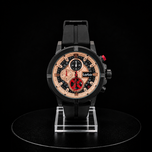 Reloj Loto Cronógrafo Negro con Esfera Rose Gold y Detalles Rojos