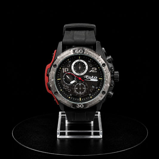 Reloj Loto Cronógrafo Negro con Bisel Plateado y Detalles Rojos