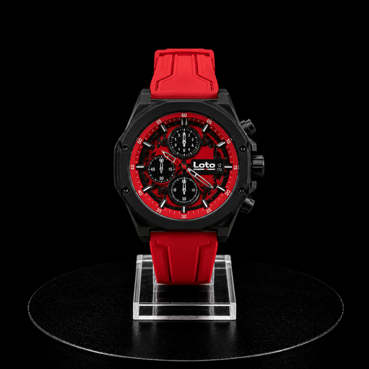 Reloj Loto Cronógrafo Negro y Rojo con Correa de Silicona Roja