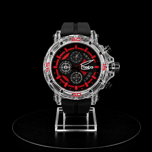 Reloj Loto Cronógrafo Plateado con Detalles Rojos y Correa de Silicona Negra