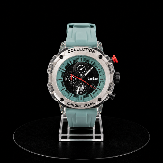 Reloj Loto Cronógrafo Plateado con Correa Azul Celeste y Esfera Negra