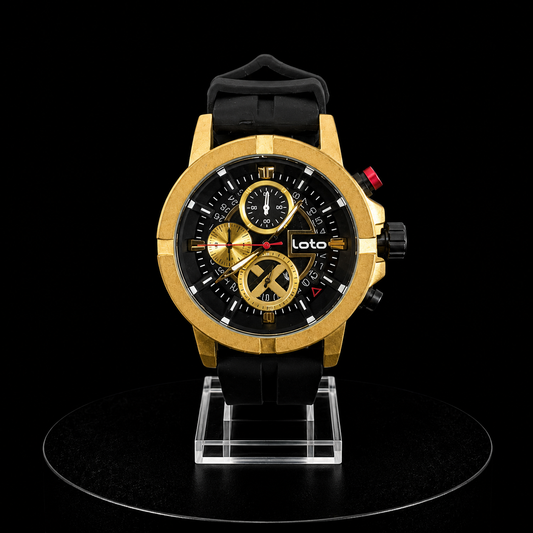 Reloj Loto Cronógrafo Dorado con Esfera Negra y Correa de Silicona Negra