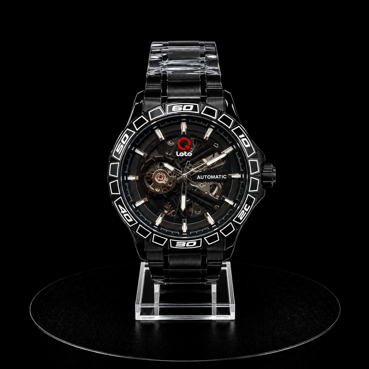 Reloj Loto Automático Negro con Esfera Skeleton y Brazalete Metálico