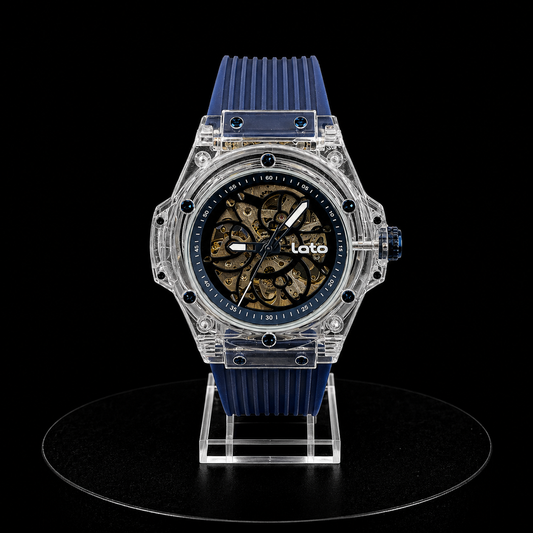 Reloj Loto Skeleton con Caja Transparente y Correa Azul