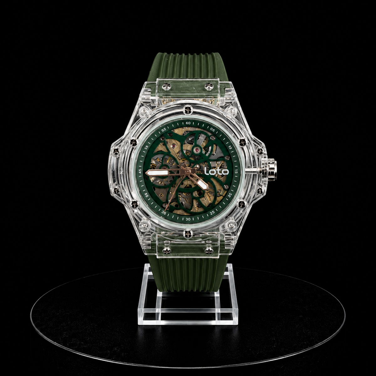 Reloj Loto Automático Skeleton Transparente con Correa Verde