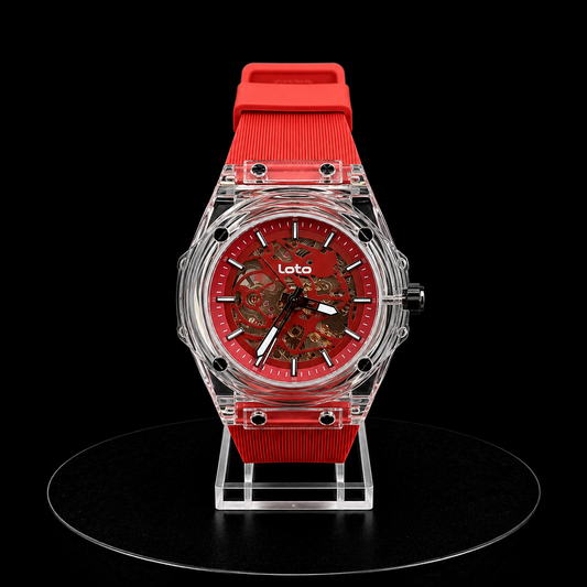 Reloj Loto Skeleton Transparente con Correa Roja