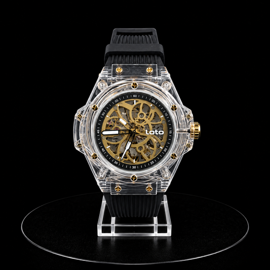 Reloj Loto Skeleton Transparente Negro y Dorado